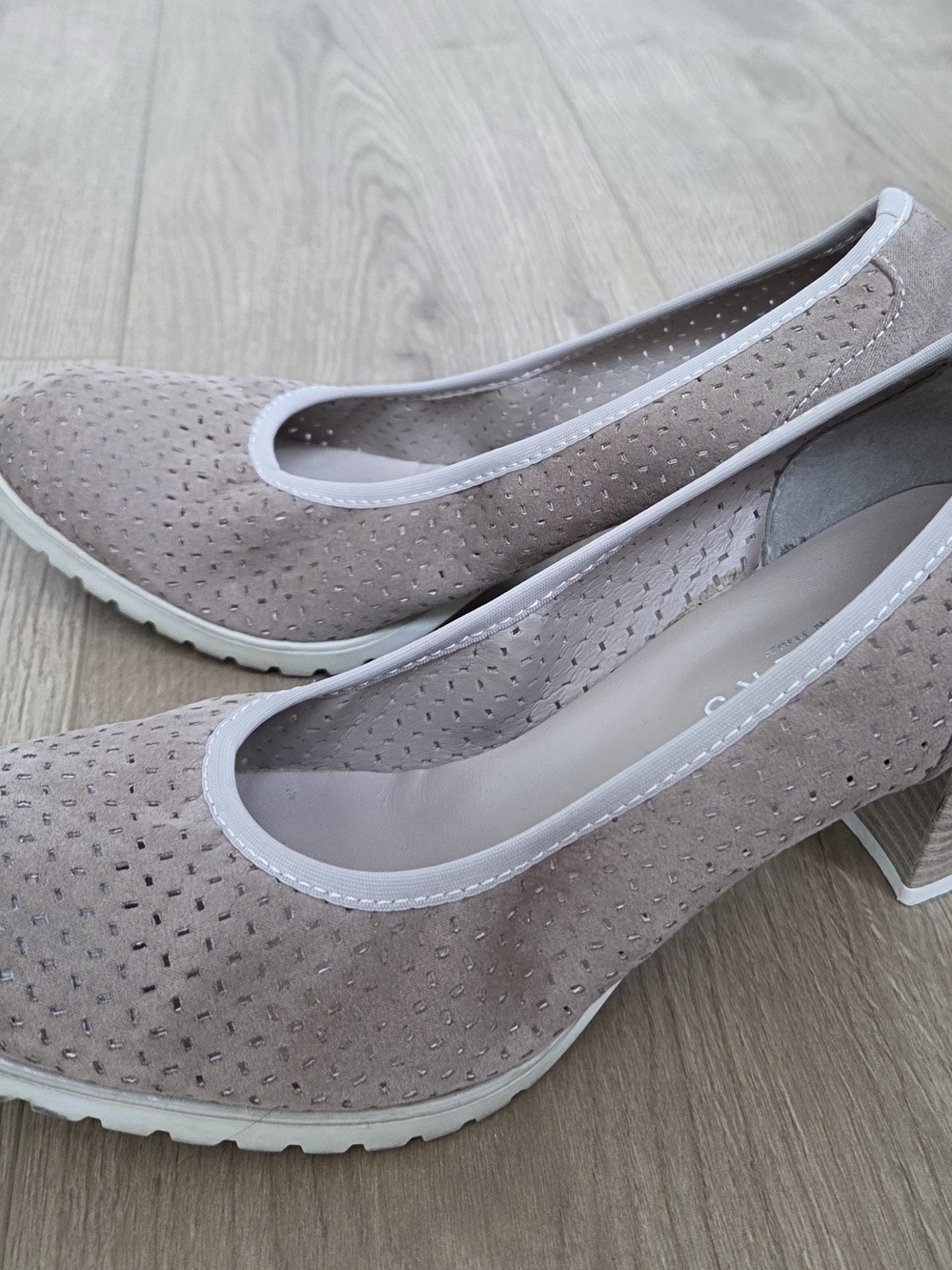 Taupe Perforated Block Heel Pumps - Comfortable Everyday Style
